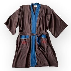 VINTAGE 70s Robe Chinese Dragon Pajama Kimono Sleeve Dragonwear Brown Blue S